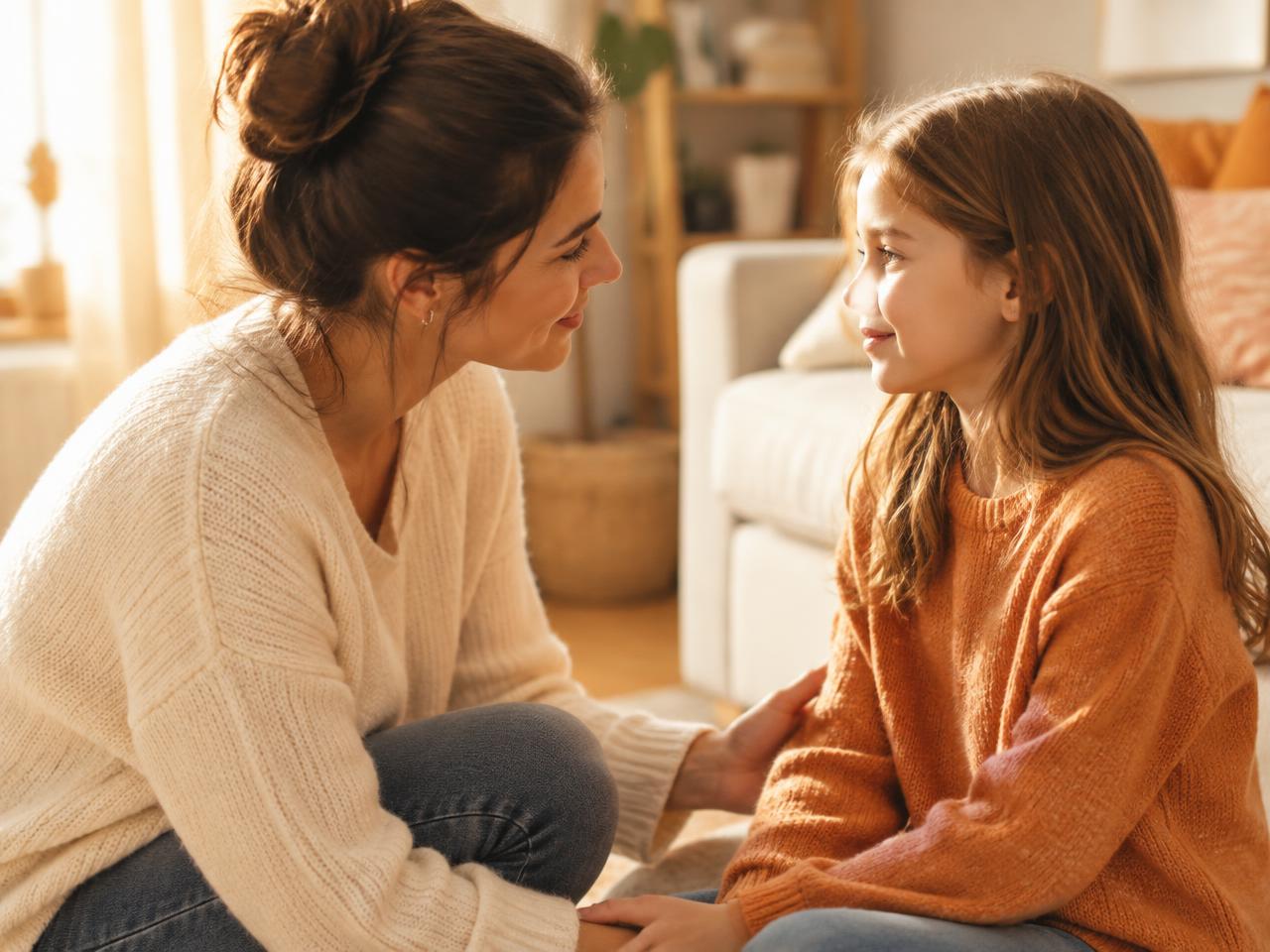 Mamá conversando con su hija con calma